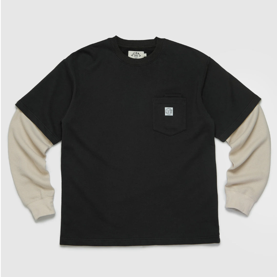 Victoria - Waffle Sleeve Double Pocket Tee [Black]